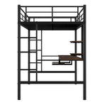 Cama loft de metal negra de tamaño completo con escritorio y estantería para niños