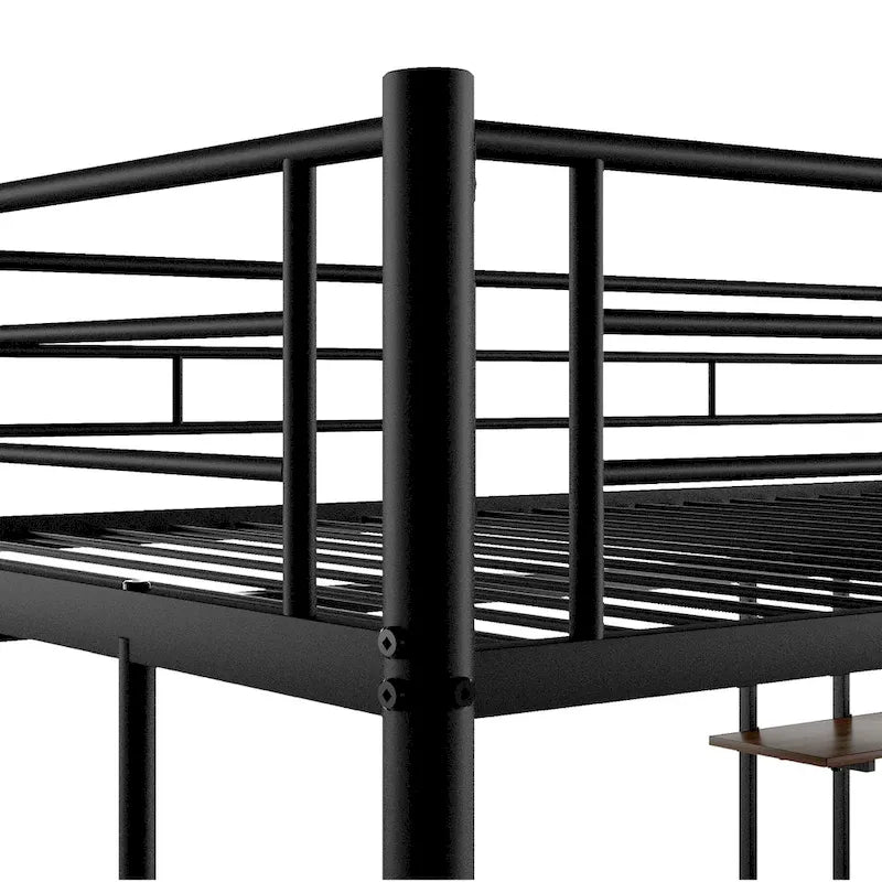 Cama loft de metal negra de tamaño completo con escritorio y estantería para niños