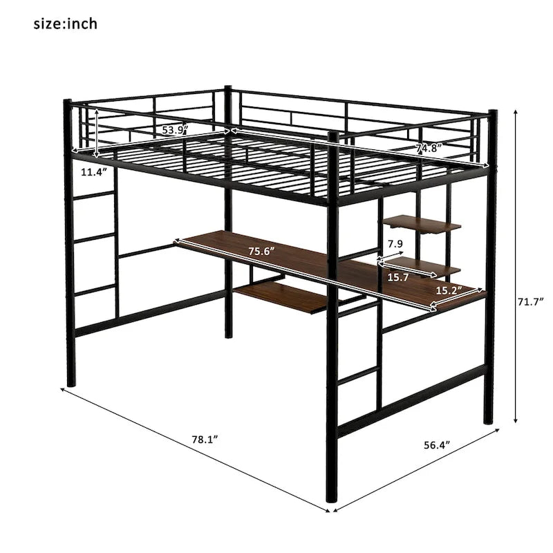 Cama loft de metal negra de tamaño completo con escritorio y estantería para niños