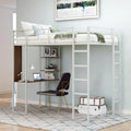 Cama alta individual de metal con escalera, barandilla y escritorio