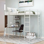 Cama alta individual de metal con escalera, barandilla y escritorio