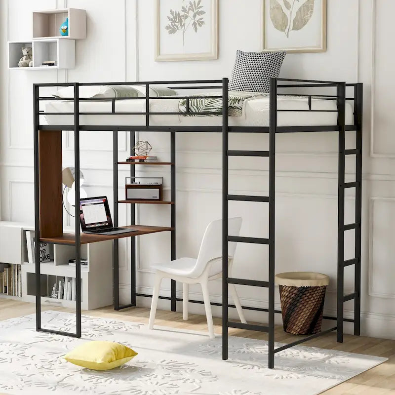 Cama alta individual de metal con escalera, barandilla y escritorio