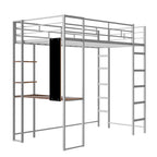 Cama alta individual de metal con escalera, barandilla y escritorio