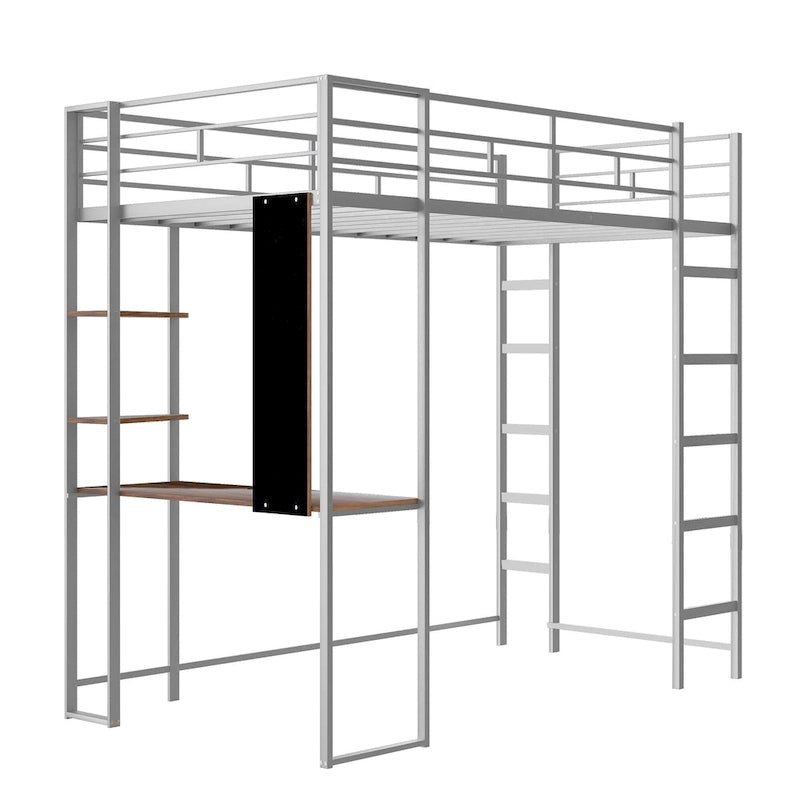 Cama alta individual de metal con escalera, barandilla y escritorio