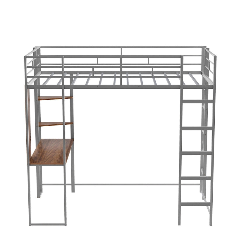 Cama alta individual de metal con escalera, barandilla y escritorio