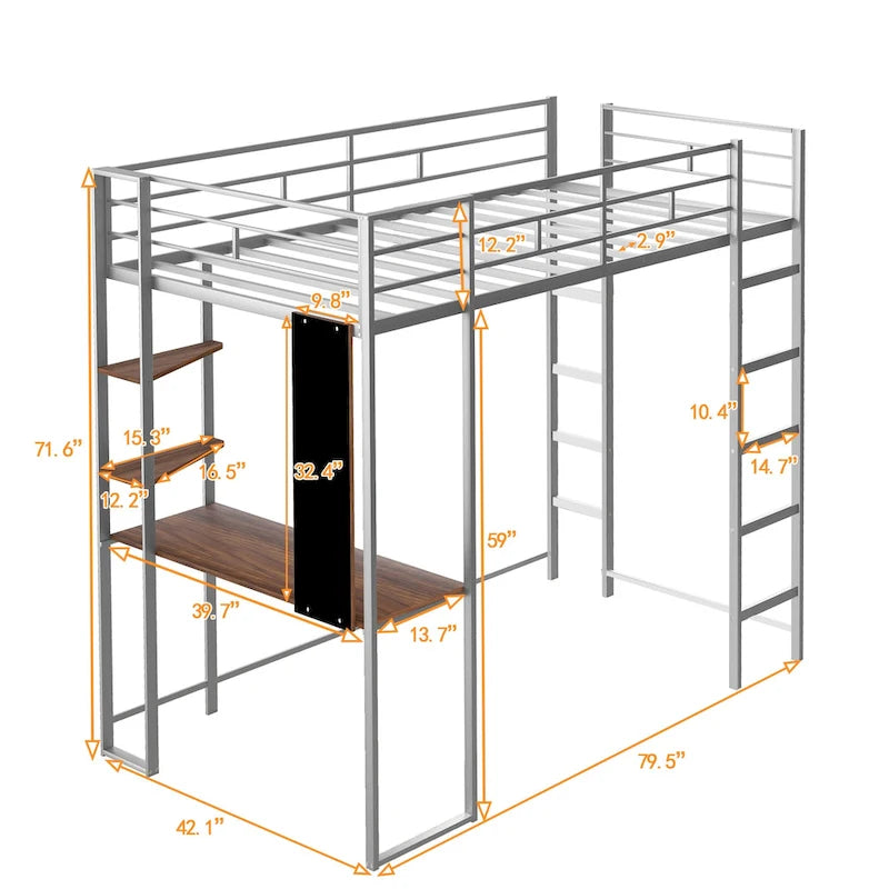 Cama alta individual de metal con escalera, barandilla y escritorio