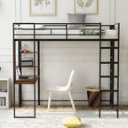 Cama alta individual de metal con escalera, barandilla y escritorio