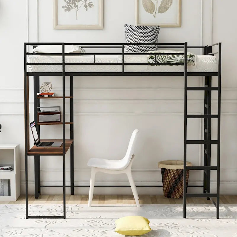 Cama alta individual de metal con escalera, barandilla y escritorio