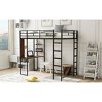 Cama alta individual de metal con escalera, barandilla y escritorio