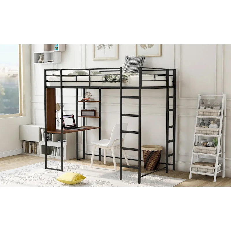 Cama alta individual de metal con escalera, barandilla y escritorio