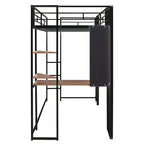 Cama alta individual de metal con escalera, barandilla y escritorio