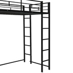 Cama alta individual de metal con escalera, barandilla y escritorio