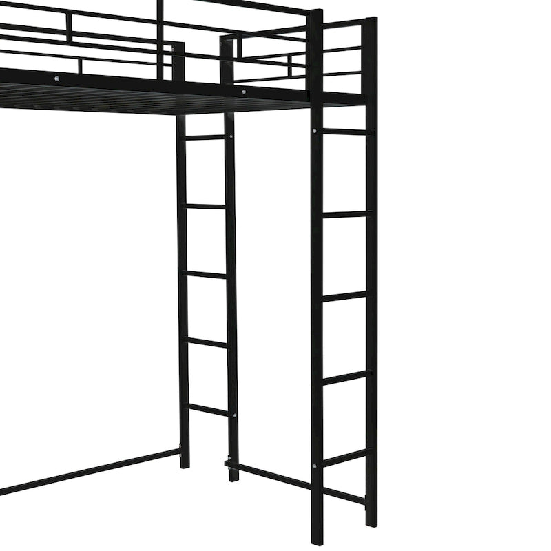 Cama alta individual de metal con escalera, barandilla y escritorio