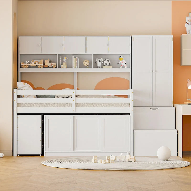 Cama alta de madera blanca tamaño individual con armario y escritorio integrados