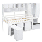 Cama alta de madera blanca tamaño individual con armario y escritorio integrados
