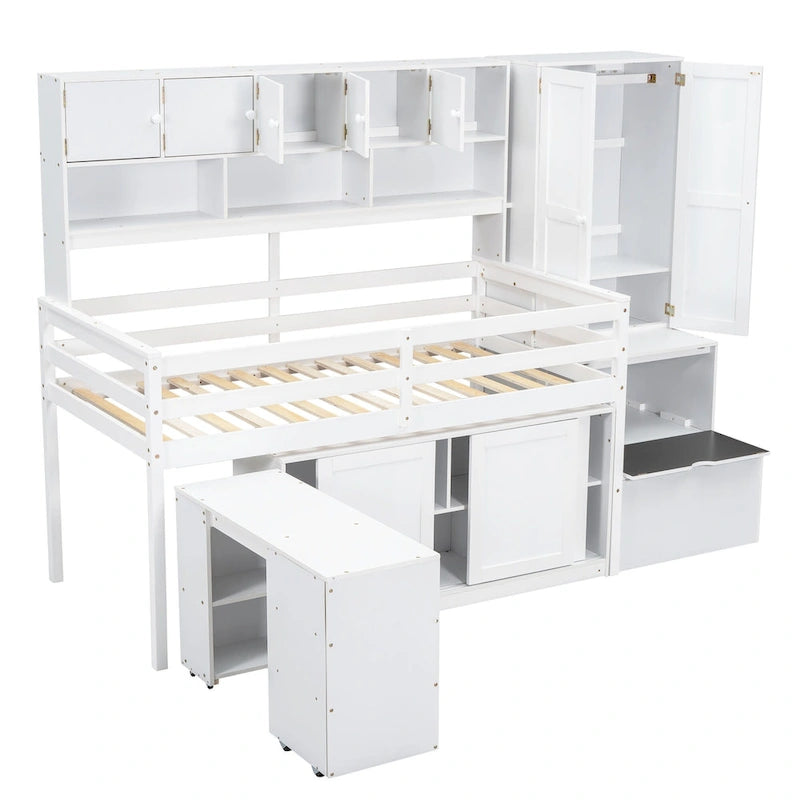 Cama alta de madera blanca tamaño individual con armario y escritorio integrados
