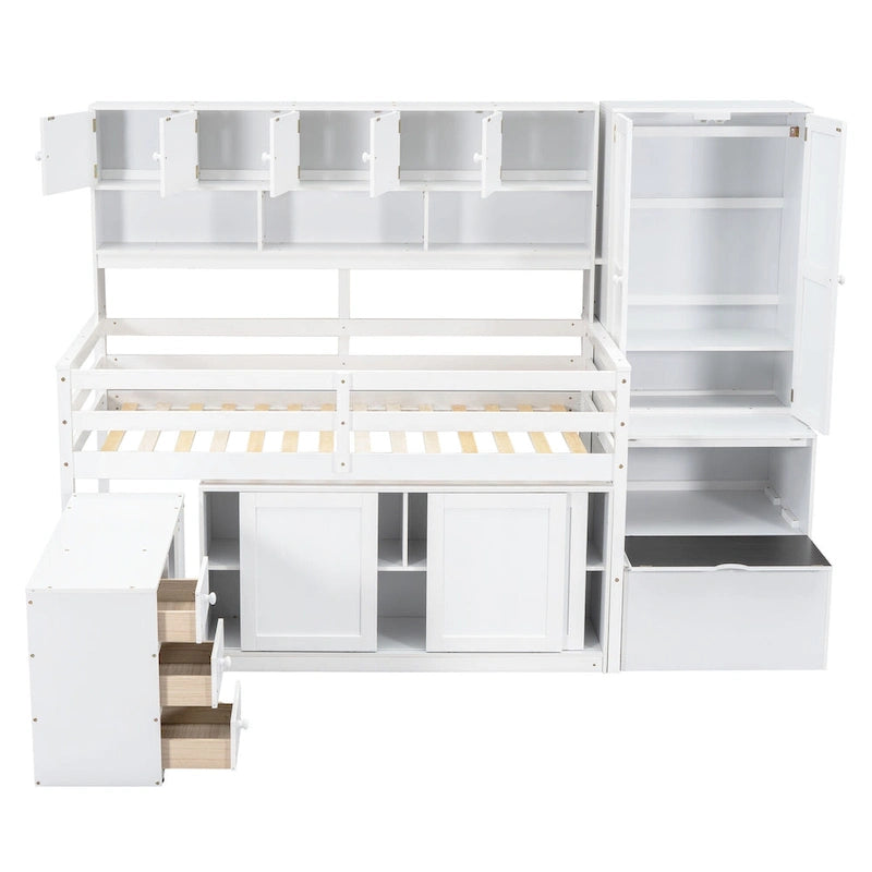 Cama alta de madera blanca tamaño individual con armario y escritorio integrados