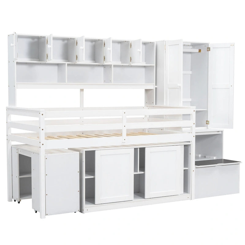Cama alta de madera blanca tamaño individual con armario y escritorio integrados