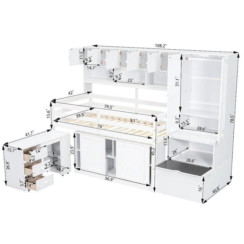 Cama alta de madera blanca tamaño individual con armario y escritorio integrados