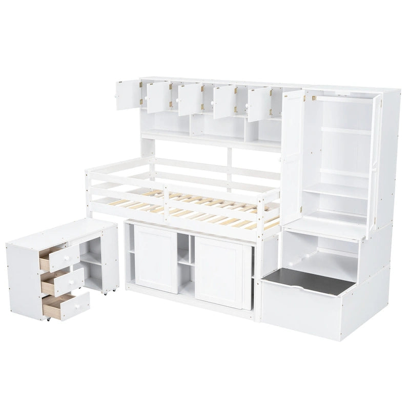 Cama alta de madera blanca tamaño individual con armario y escritorio integrados