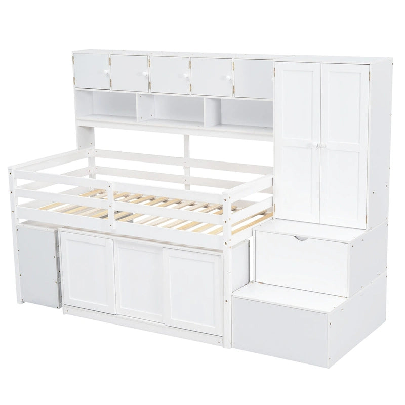 Cama alta de madera blanca tamaño individual con armario y escritorio integrados