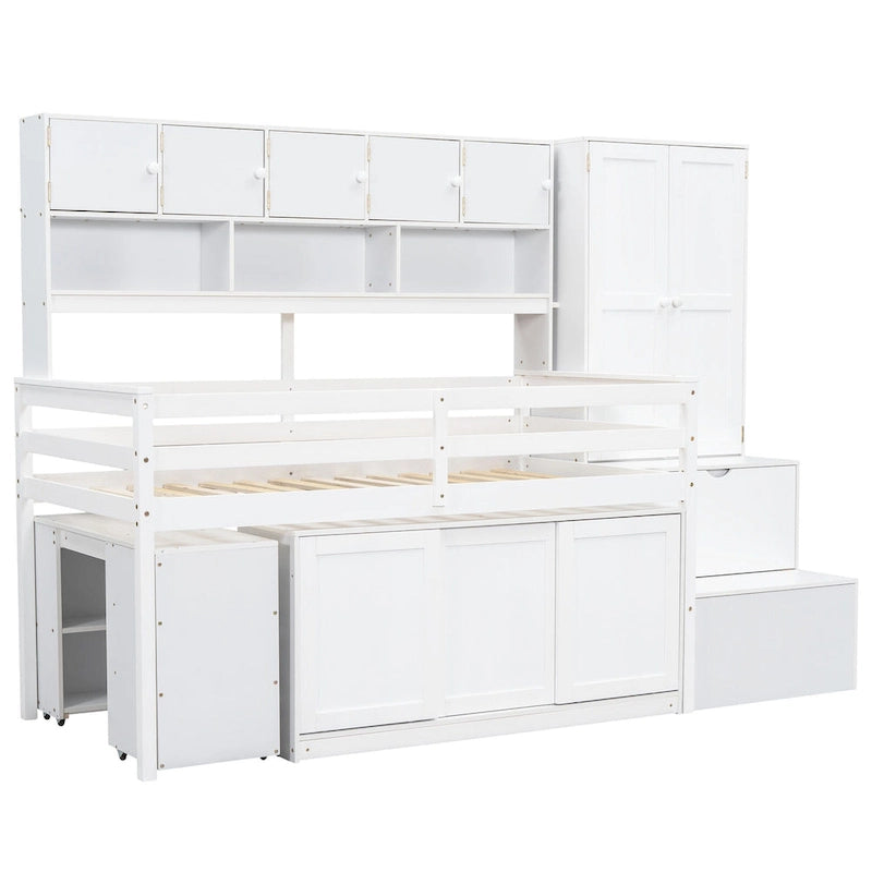 Cama alta de madera blanca tamaño individual con armario y escritorio integrados