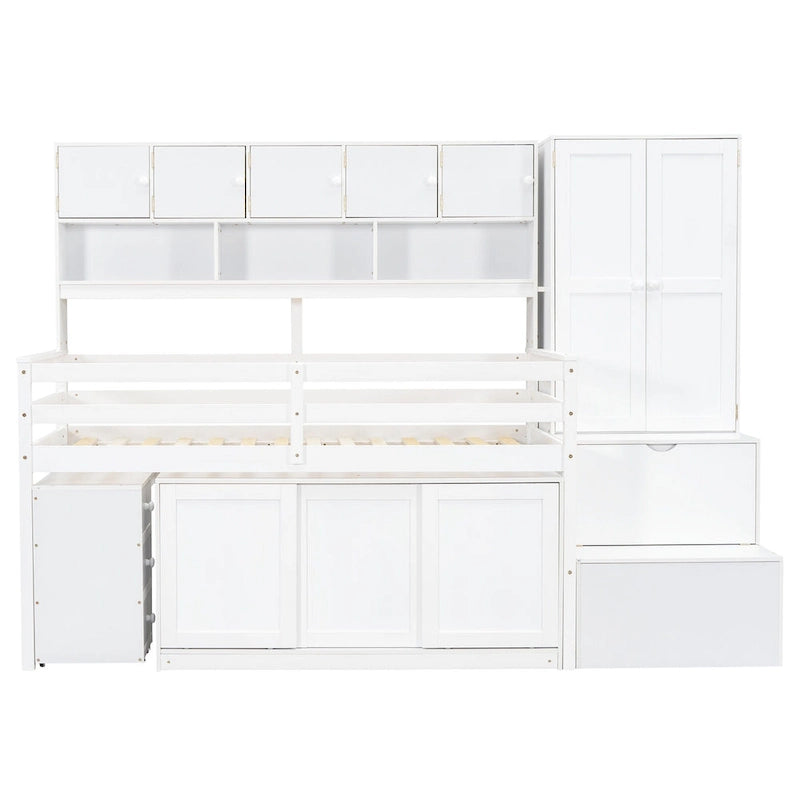 Cama alta de madera blanca tamaño individual con armario y escritorio integrados