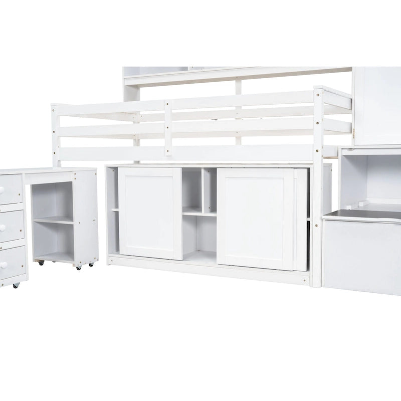Cama alta de madera blanca tamaño individual con armario y escritorio integrados