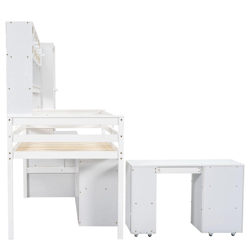 Cama alta de madera blanca tamaño individual con armario y escritorio integrados