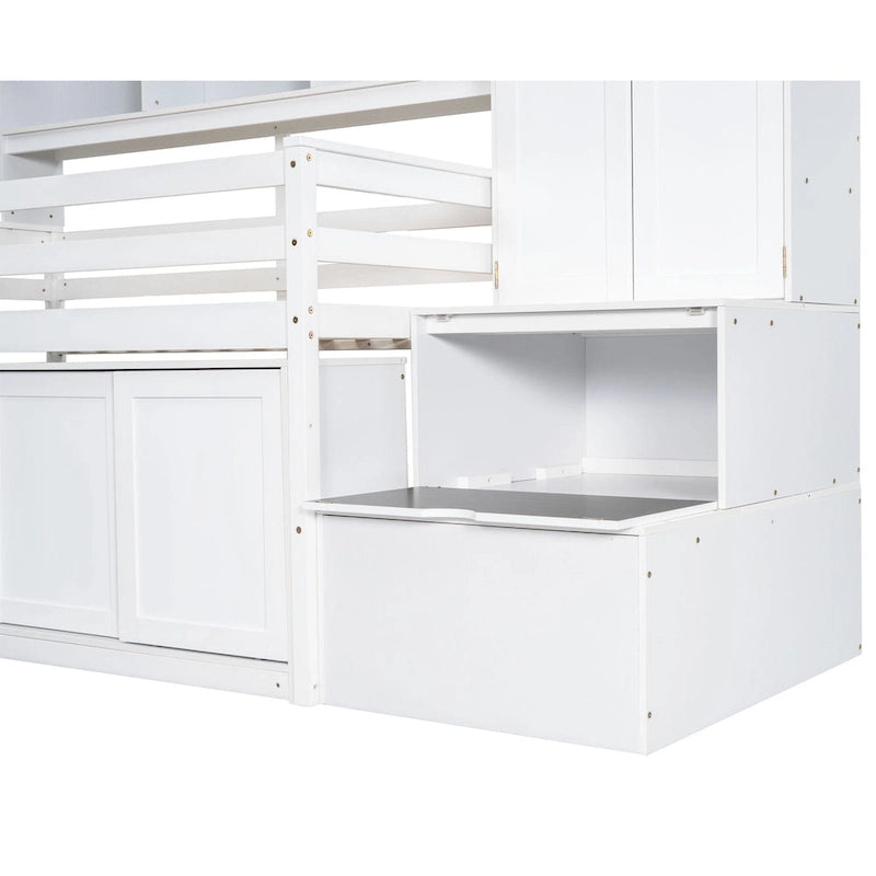 Cama alta de madera blanca tamaño individual con armario y escritorio integrados