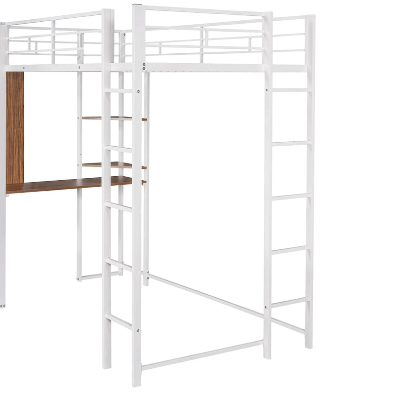 Cama alta de metal blanca tamaño twin con escalera, barandilla, estantes y escritorio