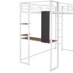 Cama alta de metal blanca tamaño twin con escalera, barandilla, estantes y escritorio