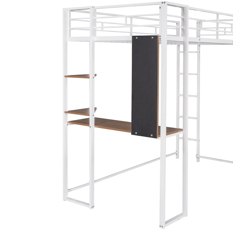 Cama alta de metal blanca tamaño twin con escalera, barandilla, estantes y escritorio