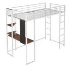 Cama alta de metal blanca tamaño twin con escalera, barandilla, estantes y escritorio