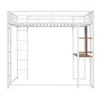 Cama alta de metal blanca tamaño twin con escalera, barandilla, estantes y escritorio