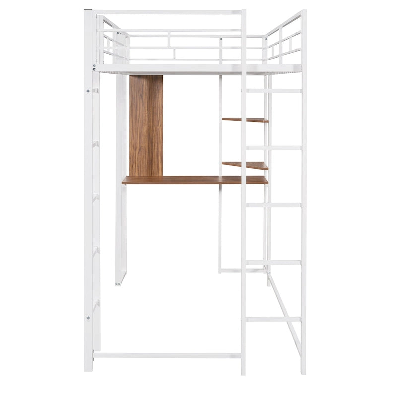Cama alta de metal blanca tamaño twin con escalera, barandilla, estantes y escritorio