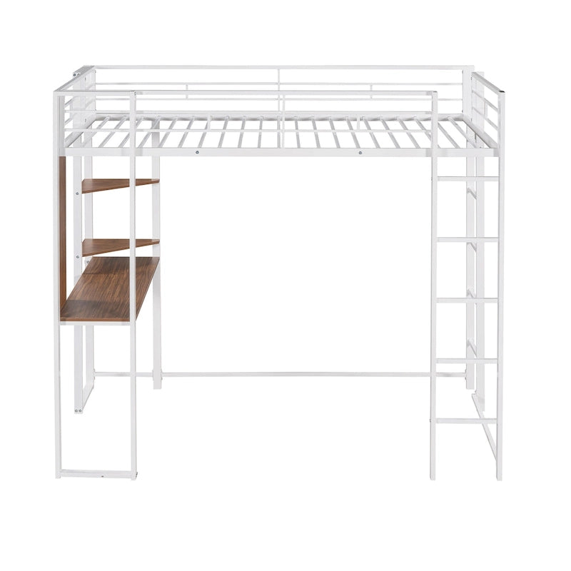 Cama alta de metal blanca tamaño twin con escalera, barandilla, estantes y escritorio
