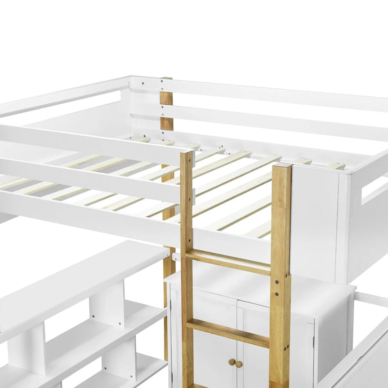 Cama alta de madera maciza blanca de tamaño completo con armario de almacenamiento y escritorio