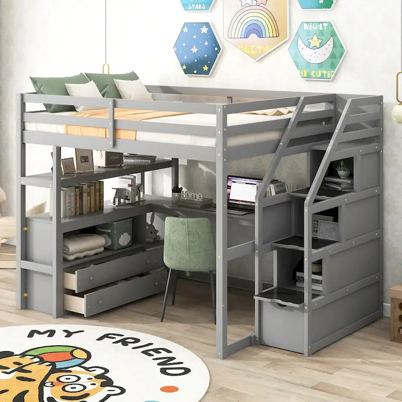 Cama alta de pino macizo con escritorio y almacenamiento