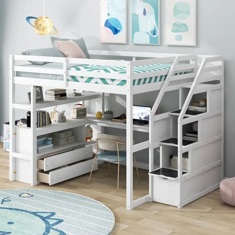 Cama alta de pino macizo con escritorio y almacenamiento