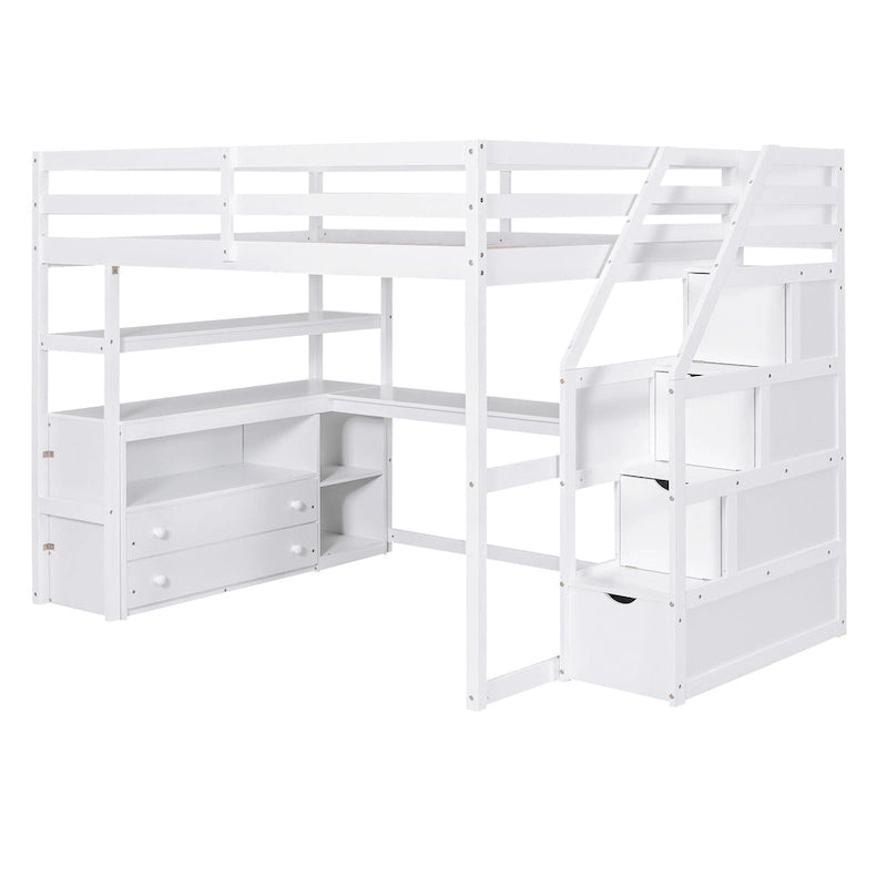 Cama alta de pino macizo con escritorio y almacenamiento