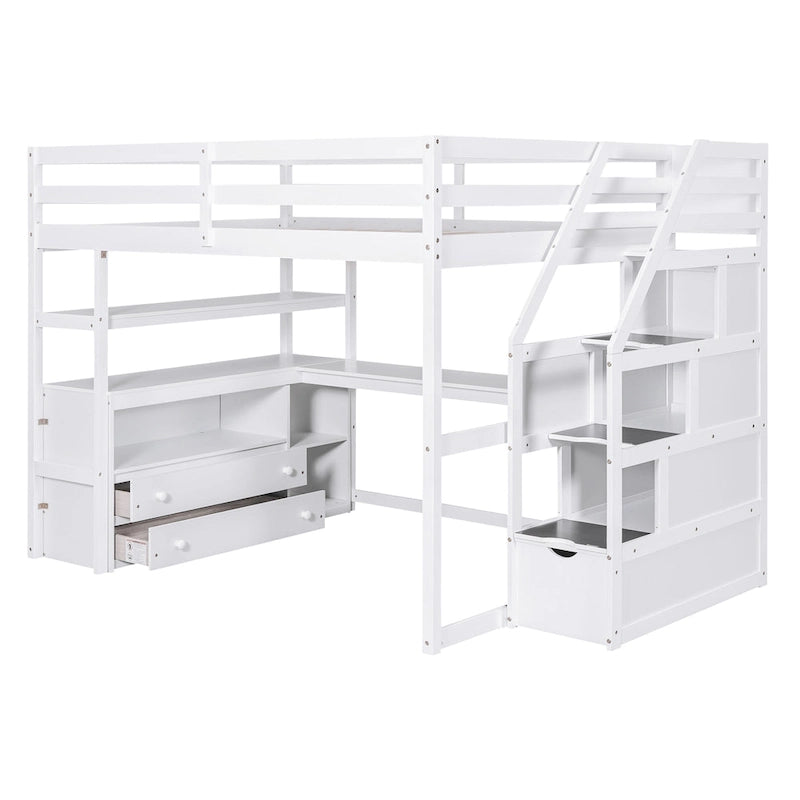 Cama alta de pino macizo con escritorio y almacenamiento