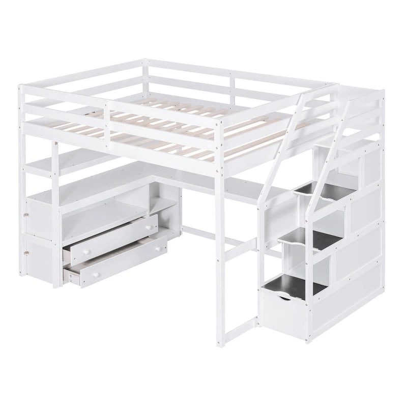 Cama alta de pino macizo con escritorio y almacenamiento