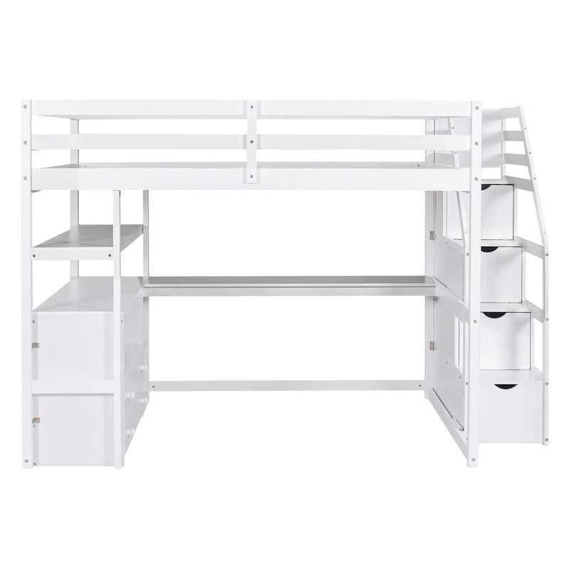 Cama alta de pino macizo con escritorio y almacenamiento