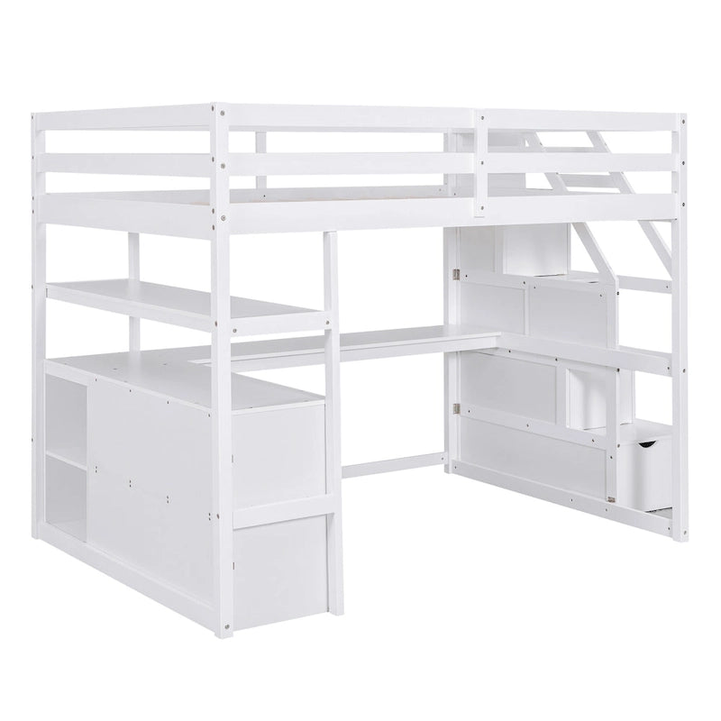 Cama alta de pino macizo con escritorio y almacenamiento