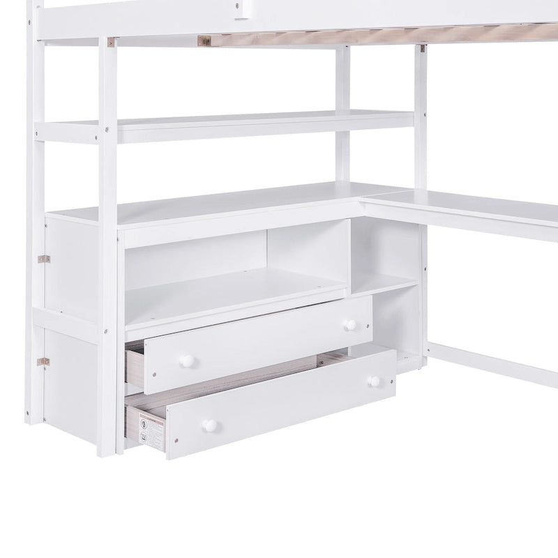 Cama alta de pino macizo con escritorio y almacenamiento