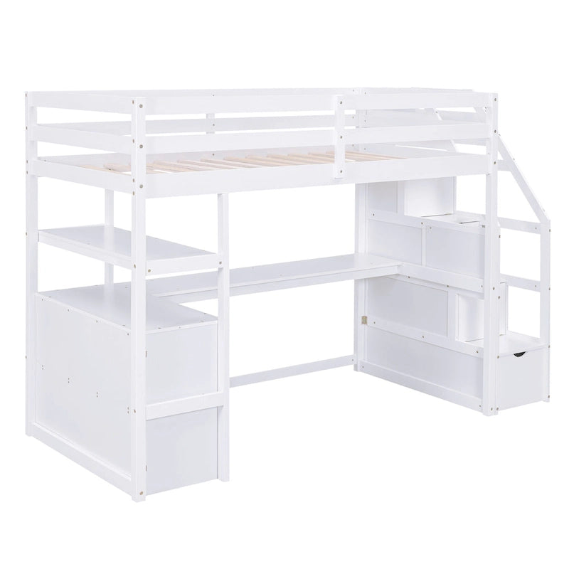 Cama alta de pino con escritorio y almacenamiento