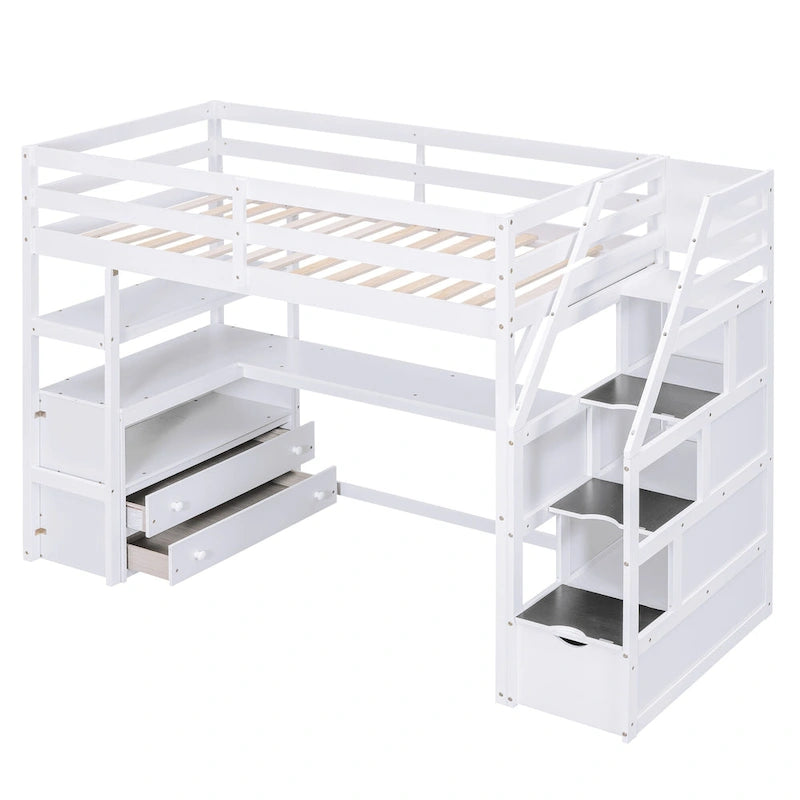 Cama alta de pino con escritorio y almacenamiento