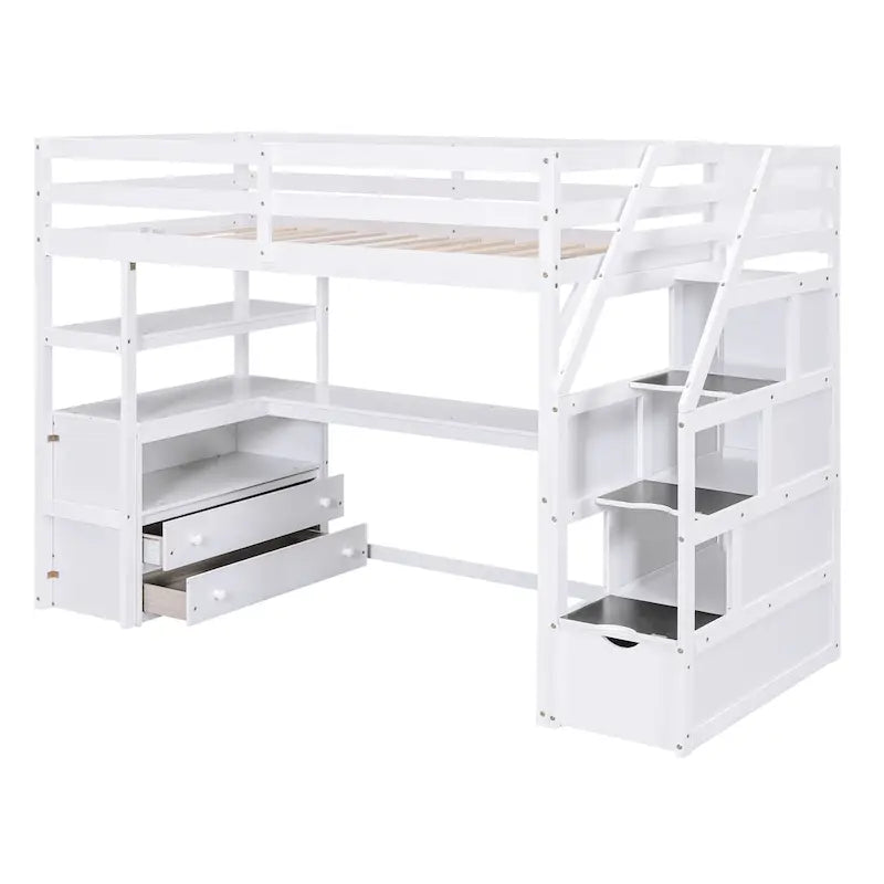 Cama alta de pino con escritorio y almacenamiento