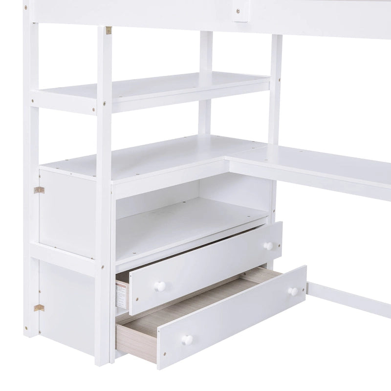 Cama alta de pino con escritorio y almacenamiento